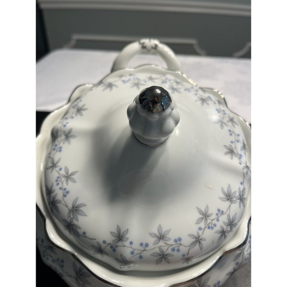 Johann Haviland Blue Flowers Gray Leaf Pattern Gravy Boat w Attached Under Plate - Picture 4 of 14